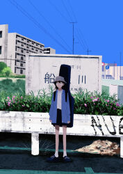 Rule 34 | 1girl, :|, absurdres, black eyes, black hair, black skirt, blue shirt, blue sky, bucket hat, building, closed mouth, collared shirt, commentary, day, dress shirt, full body, futsuu no keion-bu, grey hat, guard rail, guitar case, hat, hatono chihiro, highres, instrument case, instrument case on back, medium hair, open clothes, open shirt, outdoors, power lines, railing, road sign, sakutaro (39ar 39ca), shirt, shirt under shirt, shoes, sign, skirt, sky, socks, solo, standing, utility pole, white shirt, white socks