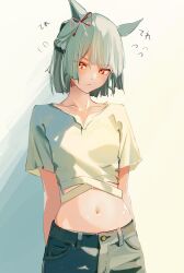 1girl absurdres animal_ears blush bow braid collarbone commentary_request cowboy_shot ear_ribbon fujimasa_march_(umamusume) green_hair highres horse_ears horse_girl midriff multicolored_eyes navel orange_eyes shirt short_hair short_sleeves solo two-tone_eyes umamusume umamusume:_cinderella_gray yellow_eyes yoojp