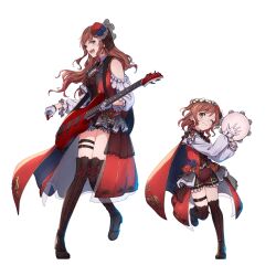 1girl absurdres age_progression bang_dream! bass_guitar black_boots blush boots brown_hair cape closed_mouth clothing_cutout flower_stand_art gloves green_eyes guitar hat highres holding holding_guitar holding_instrument holding_plectrum imai_lisa instrument kanade_(kanade_3344) medium_hair multiple_views open_mouth plectrum red_cape red_hat red_shorts red_skirt red_vest shorts shoulder_cutout skirt smile thigh_boots thigh_strap vest white_gloves