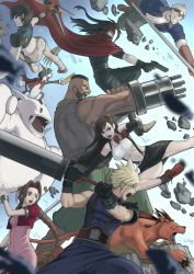 5ta2_5 5tatsu absurdres aerith_gainsborough arm_cannon barret_wallace beard biceps black_hair black_skirt blonde_hair buster_sword cait_sith_(final_fantasy) cape cid_highwind claws cloud_strife crop_top cropped_jacket crown dark-skinned_male dark_skin dress elbow_gloves facial_hair fangs final_fantasy final_fantasy_vii fingerless_gloves flying_kick gloves goggles goggles_on_head gun handgun headband highres kicking midair mini_crown muscular muscular_male navel open_mouth pink_dress polearm red_cape red_xiii scarf shuriken skirt sleeveless sleeveless_turtleneck spear spiked_hair square_enix stomach tifa_lockhart turtleneck vincent_valentine weapon yuffie_kisaragi
