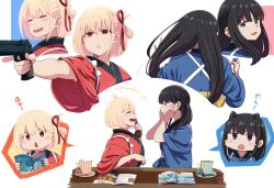 2girls absurdres animal_ears black_hair blonde_hair blue_kimono blush cat_ears chai_haru commentary_request cup gun hair_ribbon handgun highres holding holding_gun holding_weapon inoue_takina japanese_clothes kemonomimi_mode kimono long_hair lycoris_recoil m1911 multiple_girls nishikigi_chisato one_side_up open_mouth purple_eyes red_eyes red_kimono red_ribbon ribbon short_hair sparkling_eyes tasuki weapon