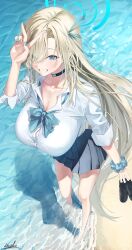 1girl absurdres aqua_ribbon asuna_(blue_archive) asuna_(school_uniform)_(blue_archive) asymmetrical_bangs bare_legs barefoot beach black_choker black_skirt blonde_hair blue_archive blue_eyes blush breasts button_gap choker cleavage collarbone commentary_request eyes_visible_through_hair fingernails gyaru hair_over_one_eye hair_ribbon halo highres holding holding_shoes huge_breasts kogal large_breasts long_hair looking_at_viewer marbo_(saico556) nail_polish outdoors pleated_skirt ribbon school_uniform scrunchie shirt shoes signature skirt smile solo straight_hair unworn_shoes v very_long_hair walking white_shirt wrist_scrunchie