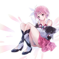 1girl absurdres alternate_costume bare_shoulders blue_reflection_(series) blue_reflection_ray blue_reflection_tie blush bob_cut boots braid breasts brown_eyes cleavage collarbone crossed_arms detached_sleeves hair_ornament high_heel_boots high_heels highres hirahara_hiori kishida_mel looking_at_viewer magical_girl medium_breasts pink_hair pink_skirt ribbon sitting skirt solo thighs white_background