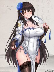 1girl :q absurdres black_gloves black_hair black_thighhighs blue_flower blue_rose breasts ch_(charchive15) china_dress chinese_clothes cleavage commentary daiyan_(girls&#039;_frontline_2) dress elbow_gloves fingerless_gloves flower girls&#039;_frontline girls&#039;_frontline_2:_exilium gloves hair_flower hair_ornament highres large_breasts long_hair looking_at_viewer official_alternate_costume panties pelvic_curtain rose side-tie_panties simple_background smile solo string_panties teasing thighhighs tongue tongue_out tuanshan twitter_username type_95_(girls&#039;_frontline) type_95_(narcissus)_(girls&#039;_frontline) underwear white_dress white_panties yellow_eyes