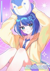 1girl :o absurdres arms_up ball blue_eyes blue_hair blue_necktie brown_jacket collared_shirt commentary_request diagonal-striped_clothes diagonal-striped_necktie drawstring dress_shirt highres holding holding_ball hood hood_down hooded_jacket jacket kiritani_haruka long_sleeves looking_at_viewer multicolored_hair necktie parted_lips project_sekai puffy_long_sleeves puffy_sleeves purple_background purple_hair rin_(ryne_0303) shirt solo sparkle striped_clothes twitter_username two-tone_hair white_shirt