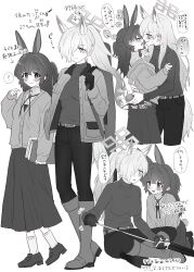2girls ? absurdres animal_ear_fluff animal_ears blue_archive blush boots bright_pupils cleaning_gun cleaning_rod cloth commentary_request crossed_bangs dog_ears dog_girl extra_ears female_sensei_(blue_archive) female_sensei_(blue_archive)_(senta_(ysk_0218)) gloves greyscale groping hair_over_one_eye heart highres kanna_(blue_archive) long_hair long_skirt long_sleeves monochrome multiple_girls notched_ear panties pants pants_tucked_in parted_bangs pointing pointing_at_self ponytail rabbit_ears rabbit_tail ringed_eyes sensei_(blue_archive) senta_(ysk_0218) sharp_teeth shirt shirt_tucked_in skirt speech_bubble spot_color tail teeth thought_bubble underwear white_background yuri