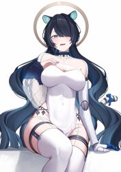 1girl animal_ears arm_support black_hair blue_hair breasts cleavage colored_inner_hair commentary covered_navel english_commentary erina_makina feet_out_of_frame garter_straps gradient_hair green_eyes hair_over_one_eye halo hand_on_own_chest highres large_breasts light_blush long_hair looking_at_viewer multicolored_hair one_eye_covered parted_bangs pelvic_curtain phase_connect prosthesis prosthetic_arm resu_desu ribbon second-party_source see-through_clothes see-through_sleeves sitting smile solo tail tail_ornament tail_ribbon teeth thighhighs tiger_ears tiger_girl tiger_tail upper_teeth_only very_long_hair virtual_youtuber white_thighhighs