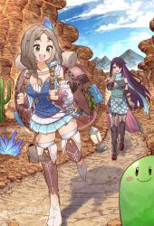 Rule 34 | 2girls, artist name, atelier (series), atelier firis, backpack, bag, blue skirt, blue sky, braid, breasts, brown bag, brown gloves, cactus, cloud, commentary request, firis mistlud, gloves, green eyes, grey hair, happy, highres, lantern, liane mistlud, long hair, medium breasts, miniskirt, mountainous horizon, multiple girls, open mouth, outdoors, pleated skirt, puni (atelier), purple hair, red eyes, road, single braid, skirt, sky, smile, teeth, twitter username, upper teeth only, very long hair, walking, watermark, yurai0739