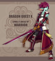 1boy aqua_skin armor back_fin brown_background collarbone colored_skin commentary_request copyright_name detached_sleeves dragon_quest dragon_quest_x earrings fins fish_boy flei_rainbow fringe_trim full_body gloves gold_earrings greaves head_fins holding holding_sword holding_weapon jewelry looking_to_the_side male_focus necklace orange_gloves pink_hair red_eyes red_sleeves red_vest shirt short_hair solo spiked_hair sword tooth_necklace vest weapon weddie_(dq10) white_shirt white_trim