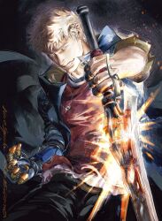 1boy arm_up black_pants blue_eyes blue_jacket collared_jacket commentary_request devil_bringer devil_may_cry_(series) devil_may_cry_5 embers grin highres holding holding_sword holding_weapon jacket looking_at_viewer male_focus nero_(devil_may_cry) outstretched_arm pants popped_collar prosthesis prosthetic_arm red_queen_(sword) red_shirt reverse_grip shirt short_hair smile solo sword teeth weapon white_hair zimome90000000