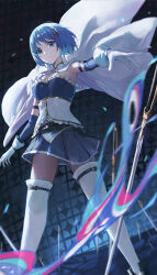 1girl absurdres belt blue_belt blue_eyes blue_hair blue_skirt breasts cape closed_mouth commentary_request film_grain gloves highres jianjia looking_at_viewer magical_girl mahou_shoujo_madoka_magica mahou_shoujo_madoka_magica_(anime) medium_breasts miki_sayaka miki_sayaka_(magical_girl) short_hair skirt smile solo standing thighhighs white_cape white_gloves white_thighhighs