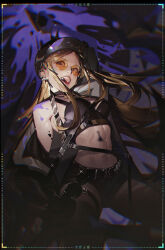 1girl bare_shoulders belt black_belt black_hat black_jacket black_shorts blonde_hair blurry breasts brown_pantyhose ear_piercing earrings eyelashes fang floating_earring hand_up happy hat hekouziran highres jacket jewelry lips long_hair looking_afar medium_breasts midriff navel open_clothes open_jacket open_mouth original paint_on_body pantyhose piercing pill pink_lips purple_eyes round_eyewear shorts sideboob solo sparkle sunglasses teeth thigh_strap upper_teeth_only