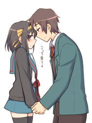 1boy 1girl black_thighhighs blue_sailor_collar blue_skirt blush brown_cardigan brown_eyes brown_hair brown_pants brown_vest cardigan commentary_request embarrassed from_side hair_ribbon hairband holding_hands kita_high_school_uniform kyon long_sleeves looking_at_another looking_at_viewer necktie open_cardigan open_clothes pants red_necktie ribbon sailor_collar school_uniform serafuku shirt short_hair simple_background skirt smile suzumiya_haruhi suzumiya_haruhi_no_yuuutsu sweatdrop sweater_vest taiki_(6240taiki) thighhighs translation_request vest white_background white_shirt yellow_hairband yellow_ribbon zettai_ryouiki