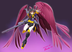 Rule 34 | 1girl, black hair, brown eyes, code geass, cosplay, dated, full body, gloves, gradient background, gun, gundam, gundam wing, gundam wing: endless waltz, haguro (kancolle), hair ornament, hairclip, kantai collection, looking at viewer, mecha musume, moke ro, no headgear, purple wings, rifle, short hair, solo, super robot wars, super robot wars dd, thighhighs, twitter username, weapon, white thighhighs, wing gundam zero rebellion, wing gundam zero rebellion (cosplay), wings