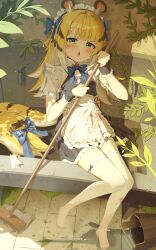 1girl absurdres alternate_costume animal_ears apron barefoot blonde_hair blue_ribbon broom commentary enmaided green_eyes highres holding holding_broom ju_fufu looking_at_viewer maeru maid maid_apron maid_headdress ribbon solo symbol-only_commentary tail tail_ornament tail_ribbon thighhighs tiger_ears tiger_girl tiger_tail toes white_apron white_thighhighs wrist_cuffs zenless_zone_zero