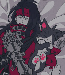 Rule 34 | 1boy, belt, belt buckle, black belt, black gloves, black hair, buckle, cait sith (final fantasy), cat, clawed gauntlets, closed eyes, coat, coffinsmokes, covered mouth, crown, final fantasy, final fantasy vii, final fantasy vii rebirth, final fantasy vii remake, gauntlets, gloves, hand on own chest, headband, long hair, lying, male focus, on back, pawpads, red coat, red headband, single gauntlet, single glove, sleeping, tuxedo cat, two-tone fur, upper body, vincent valentine