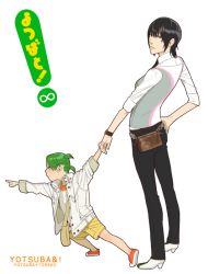 2girls androgynous bag black_hair child copyright_name denim from_side fugi_jis green_hair hand_grab hand_on_own_hip holding_hands jeans koiwai_yotsuba looking_at_viewer looking_to_the_side multiple_girls outstretched_arm pants pointing short_hair shorts shoulder_bag simple_background torako_(yotsubato!) twintails unbuttoned white_background yellow_shorts yotsubato!