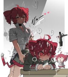 3girls bent_over choker clothed_sex cum doggystyle drill_hair ejaculation futa_with_female futanari grey_jacket jacket kasane_teto multiple_girls nejikyuu red_eyes red_hair selfcest sex sex_from_behind skirt twintails
