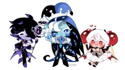1girl 2boys black_dress black_eyes black_hair black_pants black_sapphire_cookie black_shirt blue_hat candy_apple_cookie cane cookie_run cookie_run:_kingdom dress full_body hat heart heart-shaped_pupils holding holding_cane jester_cap ko_me325 long_sleeves multiple_boys one_eye_closed open_mouth pants puffy_long_sleeves puffy_sleeves red_eyes shadow_milk_cookie shirt short_hair smile symbol-shaped_pupils white_hair