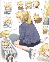 1girl animal animal_ears animalization artist_name bag black_skirt blonde_hair brown_robe chibi chibi_inset freckles green_bag grey_hoodie grey_jacket grey_socks highres holding hood hoodie jacket long_hair long_sleeves looking_at_viewer looking_back multiple_tails open_mouth original ponytail pottyan_0 rachel_(tower_of_god) robe shadow shoes sitting skirt smile sneakers socks solo sweat tail tower_of_god white_background white_shoes yellow_eyes yellow_fur