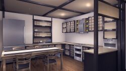 bowl bowl_stack cabinet ceiling ceiling_light commentary counter cupboard dining_room dish_rack doki_doki_literature_club drawer english_commentary game_cg highres house indoors kitchen kitchen_range no_humans non-web_source oven plate plate_stack refrigerator shelf sink stove table tablecloth toaster_oven velinquent wooden_chair wooden_floor wooden_table