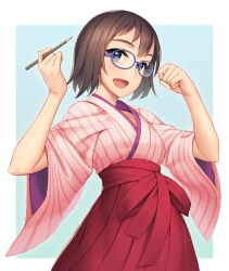 1girl :d blue-framed_eyewear blue_background breasts brown_hair glasses hakama hands_up highres holding holding_pencil iguchi_yumi japanese_clothes kimono open_mouth pencil pink_kimono red_hakama rotix shirobako short_hair simple_background smile white_background