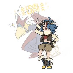 1girl beak blue_feathers blue_hair braviary brown_jacket brown_shoes brown_shorts closed_eyes creatures_(company) crop_top cropped_jacket deformed feathers full_body fur_trim game_freak gen_5_pokemon goggles goggles_on_head jacket nintendo pokemon pokemon_(creature) red_feathers robinlovesop scarf shoes shorts simple_background standing star_(symbol) sweatdrop white_background white_feathers yellow_scarf yellow_sleeves