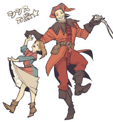 1boy 1girl babette bad_id bad_pixiv_id boots brown_hair cicero dancing dress grin happy higechos jester jester_outfit night_mother skeleton smile the_elder_scrolls the_elder_scrolls_v:_skyrim wai_(chaos)