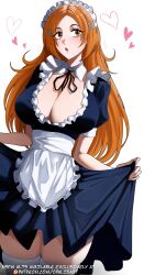 1girl apron artist_name bleach breasts brown_eyes cleavage female_focus hair_ornament hairclip heart highres inoue_orihime large_breasts long_hair maid maid_apron maid_headdress opalis orange_hair paid_reward_available patreon_username shiny_skin simple_background thick_thighs thighhighs thighs white_background white_thighhighs