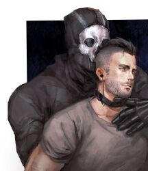 Rule 34 | 2boys, beard, black gloves, black shirt, brown hair, bullfrogsan, call of duty, call of duty: modern warfare 2, closed eyes, collarbone, crew neck, earpiece, facial hair, ghost (modern warfare 2), gloves, grey eyes, grey shirt, hand on another&#039;s neck, highres, looking ahead, male focus, mask, mohawk, multiple boys, shirt, short hair, short sleeves, skeleton print, skull mask, soap (modern warfare 2), thick eyebrows, upper body, yaoi