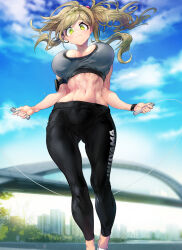 1girl absurdres black_pants blue_sky breasts bridge closed_mouth clothes_writing cloud cloudy_sky commentary commission fang floating_hair green_eyes green_hair highres holding holding_jump_rope inuyama_aoi jump_rope jumping large_breasts long_hair looking_at_viewer navel outdoors pants pixiv_commission shoes skin_fang sky solo sports_bra sweat tight_clothes tight_pants wangpo white_shoes yoga_pants yurucamp