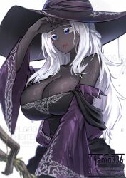 1girl bare_shoulders black_dress black_skin breasts cleavage colored_skin dark-skinned_female dark_skin dress elden_ring elden_ring_nightreign hat highres huge_breasts jamg336 large_breasts large_hat long_hair purple_hat recluse_(elden_ring) simple_background solo very_dark_skin wet white_hair witch witch_hat