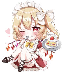 1girl alternate_costume ankle_lace-up apron back_bow black_shoes blonde_hair blush bow bowtie cake cake_slice chibi chibi_only commentary_request cream cream_on_face crystal_wings dress flandre_scarlet food food_on_face frilled_apron frilled_dress frilled_thigh_strap frilled_wrist_cuffs frills fruit full_body hair_bow heart heart_in_eye highres holding holding_plate holding_spoon looking_at_viewer maid maid_headdress multicolored_wings naarsann one_eye_closed one_side_up partial_commentary plate puffy_short_sleeves puffy_sleeves red_dress red_eyes shoes short_hair short_sleeves simple_background solo spoon strawberry strawberry_cake symbol_in_eye thigh_strap touhou twitter_username utensil_in_mouth white_apron white_background white_bow wings wrist_cuffs yellow_bow yellow_bowtie