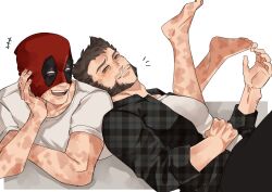 2boys beard brown_hair collared_shirt commentary_request couple deadpool deadpool_&amp;_wolverine deadpool_(series) facial_hair feet green_eyes large_pectorals looking_at_another lying lying_on_person male_focus marvel marvel_cinematic_universe mask_lift multiple_boys muscular muscular_male on_stomach open_mouth pants pectorals red_mask scar scars_all_over shirt short_sleeves smile too_many wolverine_(x-men) wonpese x-men yaoi