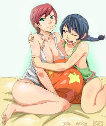 2girls bad_feet bad_id bad_pixiv_id black_hair braid breasts brown_eyes cleavage feet green_eyes hug large_breasts legs maaru multiple_girls pink_hair short_hair single_braid wink