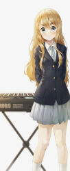 1girl absurdres arms_behind_back black_jacket blazer blonde_hair blue_eyes blue_ribbon buttons chinese_commentary closed_mouth commentary_request grey_skirt highres instrument jacket k-on! keyboard_(instrument) kotobuki_tsumugi neck_ribbon pleated_skirt ribbon sakuragaoka_high_school_uniform school_uniform simple_background skirt smile standing thighs user_purg4332 white_background winter_uniform