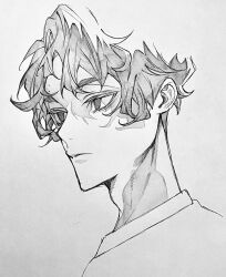 Rule 34 | 1boy, 3 surugi, adam&#039;s apple, commentary request, eyelashes, grey background, greyscale, haikyuu!!, highres, looking ahead, male focus, monochrome, parted lips, sakusa kiyoomi, short hair, simple background, sketch, solo, wavy hair
