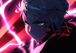 Rule 34 | armor, artoria pendragon (fate), blonde hair, energy, eyebrows, eyelashes, fate/grand order, fate/stay night, fate (series), fighting, glowing, glowing eyes, glowing scar, green eyes, hair between eyes, hair bun, highres, long hair, looking at viewer, original nasu, pale skin, red background, red theme, saber (fate), saber alter, scar, scar on face, single hair bun