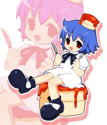 1girl 2000s_(style) absurdres bisuke-tan bk_(barakoodra) blue_hair bow child commentary dress english_commentary food food_on_head footwear_bow fork highres holding holding_fork holding_knife kfc knife object_on_head on_food open_mouth pancake pancake_stack red_eyes ribbon short_hair short_sleeves sitting smile solo souffle_pancake syrup zoom_layer