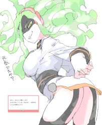 1girl absurdres ass black_sleeve_cuffs boku_no_hero_academia breasts burnin_(boku_no_hero_academia) contrast_collar cowboy_shot eye_mask fiery_hair flat_ass gloves green_hair hairband highres looking_at_viewer medium_breasts mocamocaink pants red_hairband sash sideways_glance sketch smile solo superhero_costume translation_request tunic waist_sash white_gloves white_pants white_tunic yellow_eyes