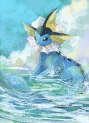 Rule 34 | animal focus, black eyes, blue sky, bright pupils, closed mouth, cloud, commentary request, fins, full body, gen 1 pokemon, head fins, highres, nintendo, no humans, outdoors, partially submerged, pokemon, pokemon (creature), ripples, sky, solo, vaporeon, volpecorvo, water, white pupils