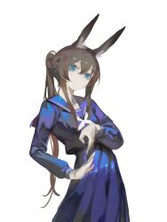 1girl absurdres alternate_costume amiya_(arknights) animal_ears arknights blue_eyes blue_serafuku brown_hair closed_mouth cowboy_shot hair_between_eyes highres jiuxiaoshi long_hair long_sidelocks long_skirt long_sleeves looking_at_viewer pleated_skirt rabbit_ears rabbit_girl school_uniform serafuku sidelocks simple_background skirt smile solo white_background