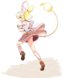 ajitarou_(setsu) animal_ears blonde_hair brown_shoes brown_skirt emil_chronicle_online from_side grey_eyes hair_ornament hairclip highres jacket mouse_ears open_mouth orange_panties panties pantyshot sandrat_alma shoes skirt socks standing standing_on_one_leg striped_clothes striped_panties tail underwear white_jacket white_socks