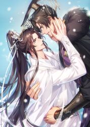 2boys absurdres adam&#039;s_apple beads black_hair black_sash blue_background brown_hair chinese_clothes chu_wanning clenched_teeth cloak cowboy_shot erha_he_tadebai_mao_shizun eye_contact fur-trimmed_cloak fur_trim grey_eyes guan_hat hand_on_another&#039;s_shoulder hand_on_another&#039;s_waist hands_on_another&#039;s_face high_ponytail highres korean_commentary long_hair long_sidelocks long_sleeves looking_at_another male_focus mian_guan mo_ran multiple_boys parted_lips ponytail purple_hanfu ribbon ribboned_xiao_guan sash sidelocks smile sparkle taxian-jun teeth white_ribbon white_sash xiao_guan_(headdress) yaoi zehel_az