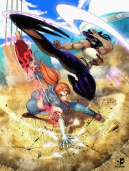 2girls artist_name axe black_hair borudbrian commission dark-skinned_female dark_skin fighting_stance flying_kick haki_(one_piece) highres holding holding_axe kicking long_hair multiple_girls muscular muscular_female nami_(one_piece) nico_robin one_piece orange_hair ponytail signature watermark