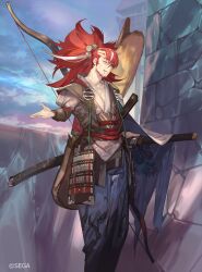 1boy armor beard bow_(weapon) closed_eyes copyright_notice eiketsu_taisen facial_hair glint japanese_armor katana long_hair male_focus mature_male official_art outdoors ponytail red_hair scar scar_on_face scar_on_mouth sheath so-taro solo stone_wall sword unsheathing weapon weapon_on_back yamana_masaaki
