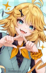 1girl ahoge alternate_costume aqua_eyes aqua_vest artist_name black_shirt dokibird dokibird_(bounty_hunter) fang hair_ornament hairclip indie_virtual_youtuber k-rumi looking_at_viewer medium_hair neckerchief open_mouth orange_neckerchief shirt skin_fang smile solo virtual_youtuber