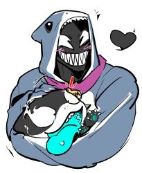 Rule 34 | 2boys, blush, chinese commentary, commentary request, fangs, fidorubeibi, grin, headpat, heart, highres, hood, hooded pajamas, hug, jeff (marvel), jeff the land shark (devouring duo), looking at viewer, male focus, marvel, marvel rivals, multiple boys, notice lines, onesie, open mouth, pajamas, pawpads, smile, spider-man (series), symbiote, tongue, tongue out, venom (marvel)