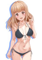 1girl bikini black_bikini blunt_bangs breasts cleavage girls_und_panzer highres long_hair looking_at_viewer navel orange_eyes orange_hair pele_maniax smile solo stomach string_bikini swimsuit takebe_saori