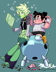 1boy 1girl brown_hair colored_skin glasses green_hair green_skin high-waist_shorts jacket junkmix_(c2ndy2c1d) peridot_(steven_universe) shorts sitting steven_quartz_universe steven_universe